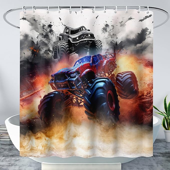 AILONEN Boys Monster Truck Shower Curtain for Bathroom, Watercolor Truck Bath Curtain,Cartoon Truck Shower Curtain for Kids Teen,Waterproof Curtain Bathroom 72" W*72" H Decor with 12 Plastic Hooks