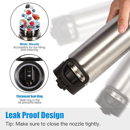 Volhoply 24oz Insulated Water Bottle With Straw Bulk 3 Pack,Metal Wide Mouth Water Bottles With Handle Lid Keep Cold,Reusable Double Wall Thermos,Powder Coated Sport Bottle For Holder(Silver,3 Count)