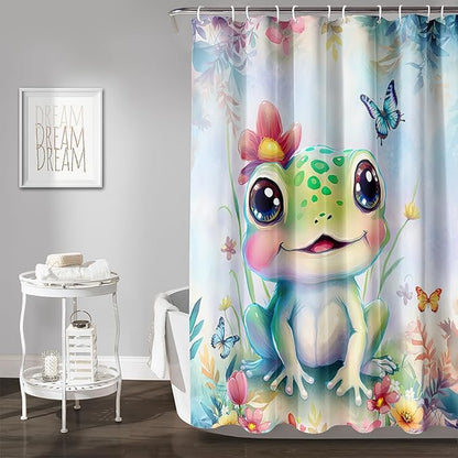 AILONEN Cartoon Frog Shower Curtain,Kawaii Frog Waterproof Fabric Bath Curtain for Kids Girls,Watercolor Blue Flower with Butterfly Shower Curtain Set for Bathroom with Hooks,72" W*78" H