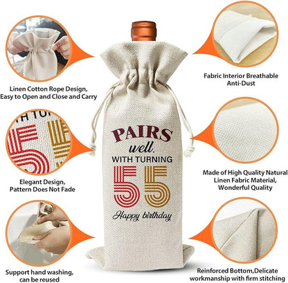 55th Birthday Wine Gift Bag For Best Friend Mom Dad Women Men, 1969 Birthday Gift, 55th Birthday Party Decor Favors, 55th Anniversary Wine Bag For Man Women Her, Pairs Well With Turning 55