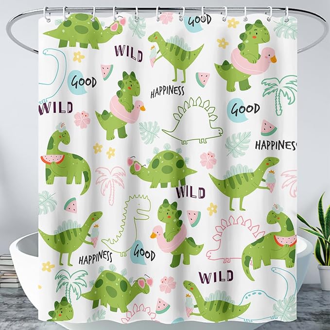 AILONEN Dinosaur Shower Curtain for Boys, Cute Green Kids Bath Curtain 36" W*72" H,Tropical Leaves Funny Dinosaur Curtain with 12 Plastic Hooks