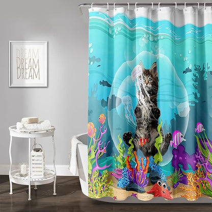 AILONEN Funny Cat Shower Curtain for Bathroom, Ocean Animal Print Shower Curtain, 72" W*78" H Waterproof Polyester Cat Lover Shower Curtain Decor Bathroom with Grommets and Hooks
