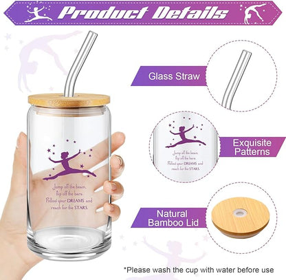 4 Pcs Gymnastics Gifts Gymnastics Glass Cup 16oz Inspirational Gymnastics Water Bottles Makeup Bag Bracelet Elastic Scrunchies for Girls Gymnastics Lovers Back to School