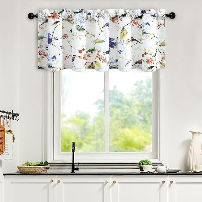 Leeva Birds Vines Printed Curtains Valances for Kitchen Bath Laundry Bedroom Living Room, Rod Pocket Valance for Windows, 52 x 18 Inch, Blue Birds