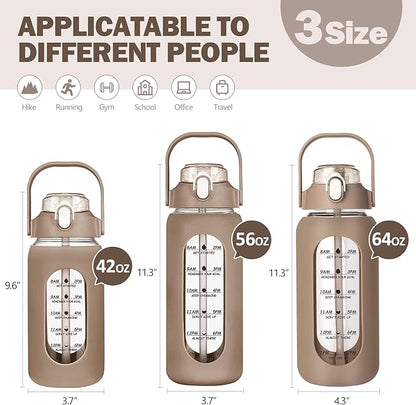 kytffu 56oz Glass Water Bottles with Straw, Motivational Glass Bottle with Silicone Sleeve and Time Marker, Leakproof Large Glass Water Jug for Gym Home Office,Amber