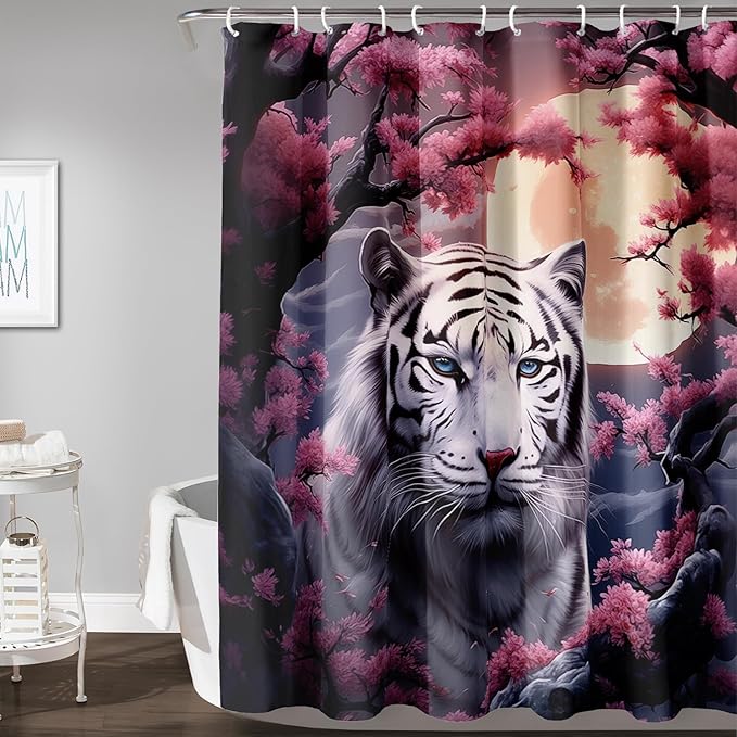 AILONEN Tiger Shower Curtains for Girls,Pink Flower White Tiger Bath Curtains for Bathroom Decor,Wild Animal Curtains Polyester Waterproof with 12 Plastic Hooks 60" W*72" H
