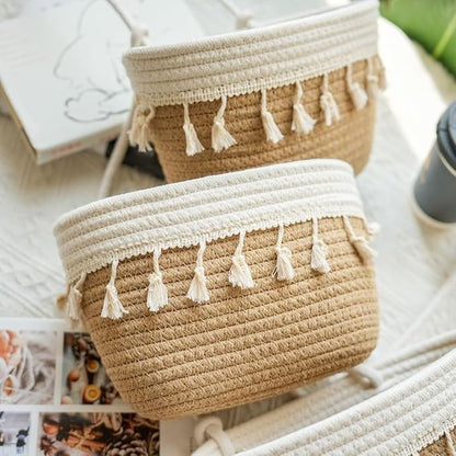 TeoKJ Over The Door Hanging Baskets, 3-Tier Woven Cotton Storage Organizer Bag with Tassels Wall-Mounted Decorative Hanging Nursery Baskets