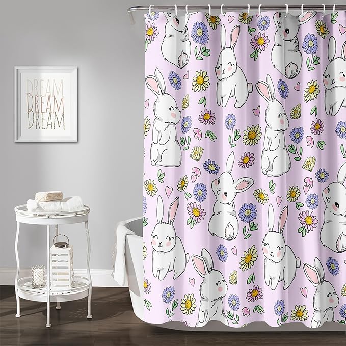 AILONEN Rabbit Bunny Shower Curtain for Bathroom,Cute Animal Shower Curtain Colorful Flower Decor Bath Curtain 72" W*84" H Polyester Fabric Waterproof Bathroom Bathtub Curtain with 12 Hooks