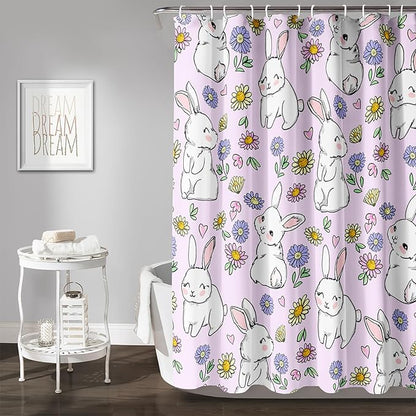 AILONEN Rabbit Bunny Shower Curtain for Bathroom,Cute Animal Shower Curtain Colorful Flower Decor Bath Curtain 72" W*84" H Polyester Fabric Waterproof Bathroom Bathtub Curtain with 12 Hooks