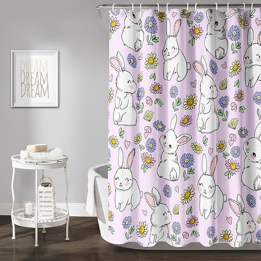 AILONEN Rabbit Bunny Shower Curtain for Bathroom,Cute Animal Shower Curtain Colorful Flower Decor Bath Curtain 72" W*84" H Polyester Fabric Waterproof Bathroom Bathtub Curtain with 12 Hooks