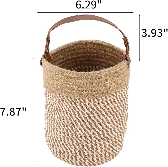 Hanging Basket(2Piece) Wall Woven Cotton Rope Storage Basket with Leather Decorative Baskets Organizer for Kitchen Office Bedroom,Plants,Towels, Toys Khaki