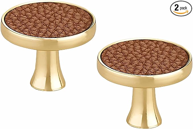 Leather Handle Brass Leather Handle Nordic Minimalist Style Handle Wardrobe Dressing Table Bedroom Living Room Kitchen Handle Hardware Furniture - 2 Pack (Brown, Knob)