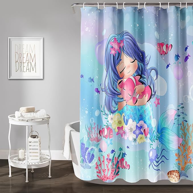 AILONEN Beautiful Mermaid Shower Curtain,Cute Mermaid Bath Curtain for Girls Teens,Ocean Curtain,Cartoon Fish Print Blue Waterproof Curtain for Bathroom Decor, 36" W x 72" H