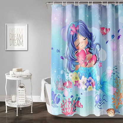 AILONEN Beautiful Mermaid Shower Curtain,Cute Mermaid Bath Curtain for Girls Teens,Ocean Curtain,Cartoon Fish Print Blue Waterproof Curtain for Bathroom Decor, 36" W x 72" H