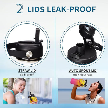 Stainless Steel Water Bottles 32oz - Cold-48h Hot-24h Insulated Water Bottle with Straw & Auto Spout Lid, Carrier Bag & Protective Cup Mat, Metal Thermo Flask Reusable Gym Waterbottle Jug Leak Proof