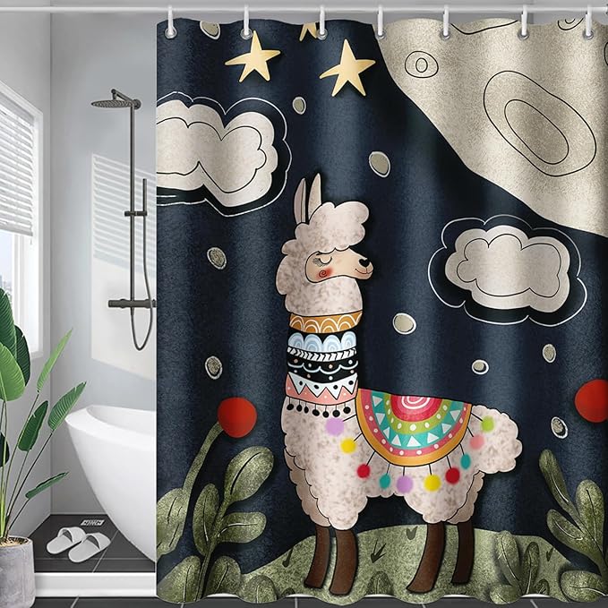 AILONEN Cute Llama Shower Curtain for Kids,Galaxy Llama Print Bath Curtain Gifts for Boys Girls,Polyester Waterproof for Bathroom with 12 Plastic Hooks 72" W*72" H