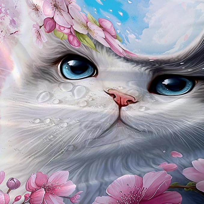 AILONEN Lovely Cat Shower Curtain Set, Pink Cherry Blossom Waterproof Fabric Shower Curtain for Kids Boys Girls,Fat Kitty Cloth Shower Curtain for Bathroom,36" W*72" H
