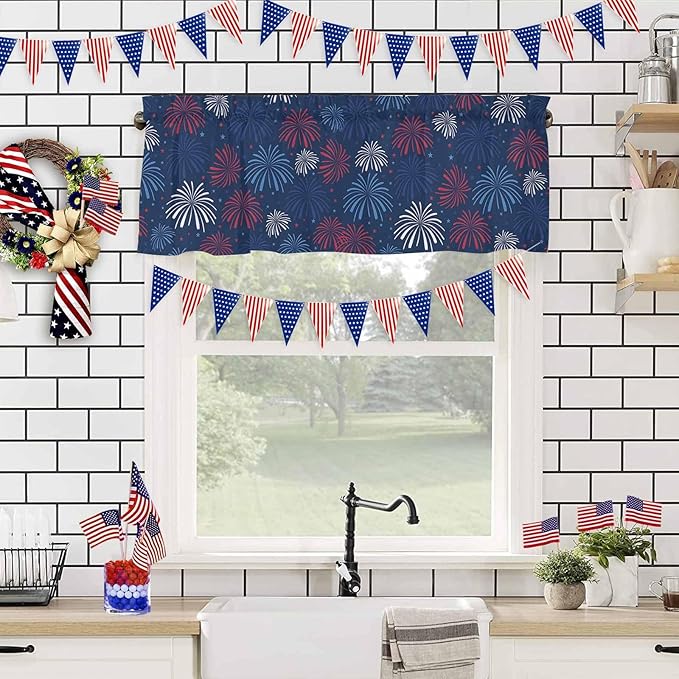 July 4th Kitchen Curtains Valances for Windows Fireworks Celebrate Patriotic Americana Stars Rod Pocket Window Treatment for Kitchen/Living Room/Bedroom/Bathroom, 60" X 18", Red, White and Blue