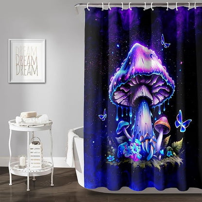 AILONEN Magic Mushroom Shower Curtain,Blue Butterfly Waterproof Fabric Bath Curtain for Kids Girl,Boho Style Shower Curtain Set for Bathroom,Natural Fungal Shower Curtain with Hooks 72" W*72" H