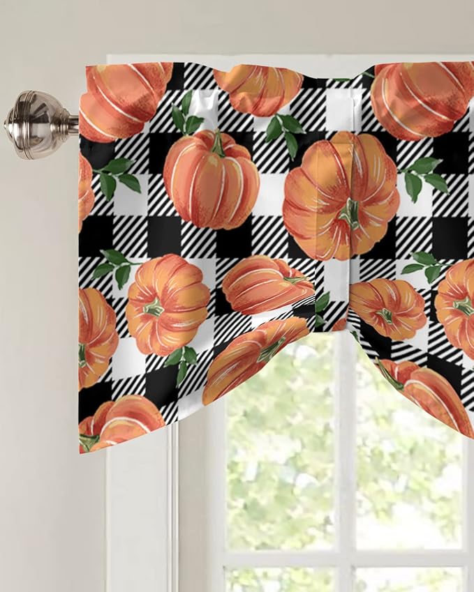Fall Blackout Tie Up Valance Curtains for Kitchen Windows Thanksgiving Halloween Pumpkins Window Toppers Balloon Shades for Living Room/Bathroom/Bedroom,54" X 18" Farmhouse Black White Buffalo Plaid