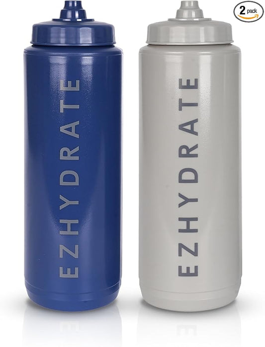 2 Pack Blue + Grey 32oz Squeeze Water Bottles - Sports Water Bottles For Football, Hockey, Athletic Training,Bike & Cycling - Reusable Squirt Bottle Set, BPA-Free, Perfect for Gym, Travel