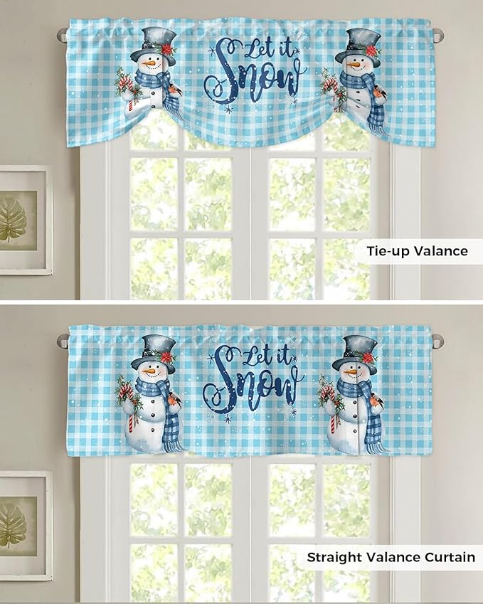 Snowman Christmas Blackout Tie Up Valance Curtains for Kitchen Windows Let It Snow Winter Holiday Window Toppers Balloon Shades for Living Room/Bath/Bedroom,1 Panel, 54" X 18",Blue White Buffalo Plaid