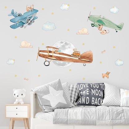 Large Airplane Wall Decals for Kids by Lipastick - 47 pcs Premium Kids Wall Stickers Aircrafts - Creative Nursery Wall Decal - Plane Vinyl Wall Decals for Baby Nursery Children Room Bedroom M Size