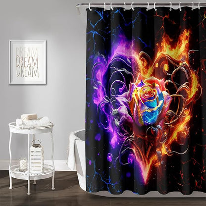AILONEN Rose Shower Curtain for Bathroom,Purple Red Flame Fire Rose Hearts Print Bath Curtain,Modern Print Decoration Waterproof Shower Curtain with 12 Plastic Hooks, 36" W*72" H