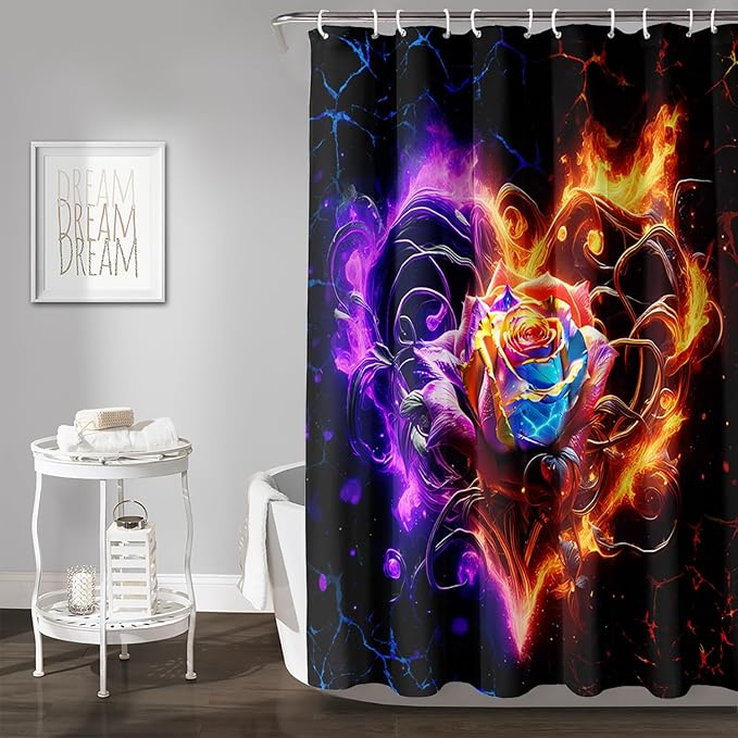 AILONEN Rose Shower Curtain for Bathroom,Purple Red Flame Fire Rose Hearts Print Bath Curtain,Modern Print Decoration Waterproof Shower Curtain with 12 Plastic Hooks, 72" W*72" H