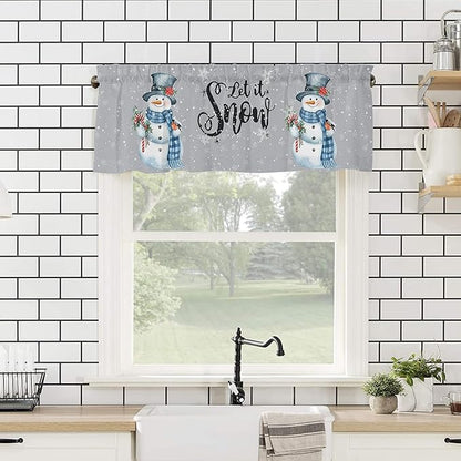 Snowman Christmas Valance Curtains for Kitchen Windows Let It Snow Winter Holiday Rod Pocket Window Treatment Toppers for Kitchen/Living Room/Bedroom/Bathroom, 60" X 18", Grey White