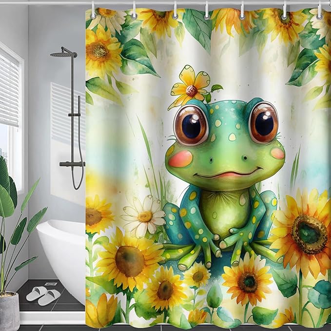 AILONEN Cartoon Green Frog Shower Curtain,Watercolor Sunflower Shower Curtain,Cute Kawaii Frog Curtain for Kids Girls Boys,Yellow Flower Animal Frog Print Waterproof Bath Curtain 72" W x 78" H