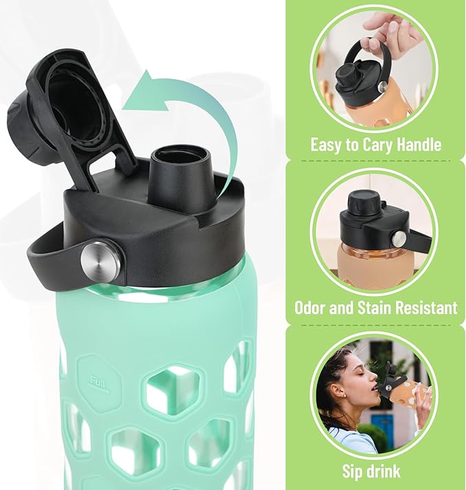 32oz Glass Water Bottles with 2 Lids-Bamboo Straw Lid & Spout Cap,Motivational Water Tumbler with Silicone Sleeve with Time Marker,Leakproof