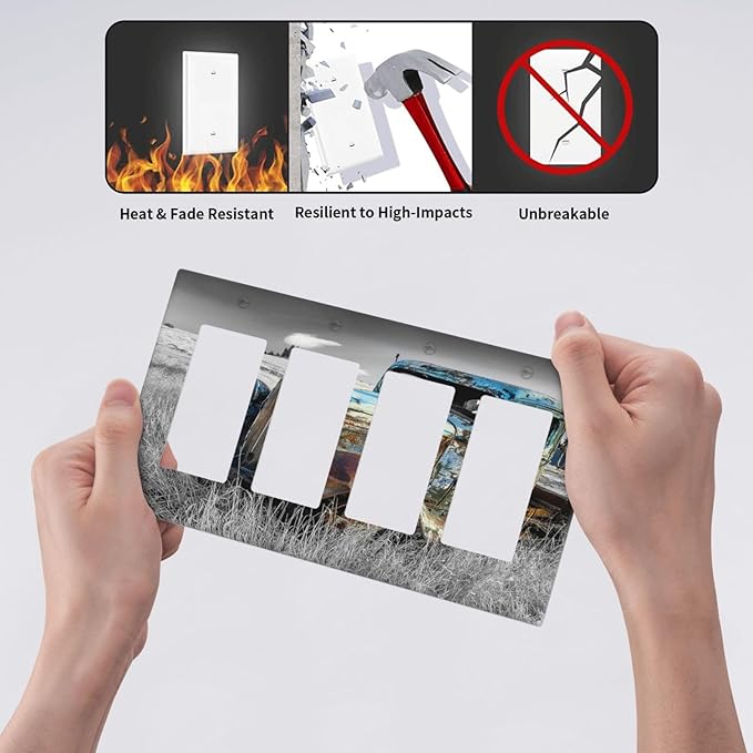 Vintage Country Old Blue Truck 4 Gang Rocker Decora Light Switch Cover Rustic Decorative Outlet Covers Wall Plate Electrical Faceplate Switchplate GFCI for Farmhouse Bedroom Livingroom Decor