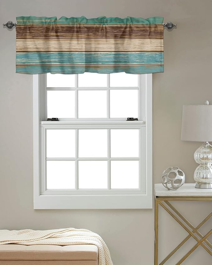 Farmhouse Kitchen Curtains Valances for Windows Teal Turquoise Green Brown Country Rod Pocket Window Treatment for Kitchen /Living Room/Bedroom/ Bathroom,42" X 18" -1 Panel, Retro Rustic Barn Wood