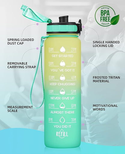 32oz Motivational Water Bottle with Time Marker & Fruit Strainer, Leak-proof BPA Free Non-Toxic Bottle with Carrying Strap, Perfect for Fitness, Gym and Outdoor Sports