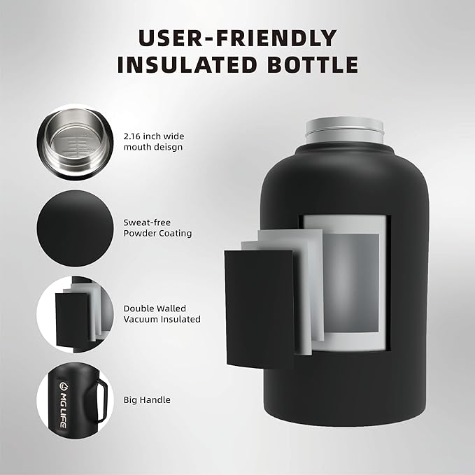 64oz Insulated Water Bottle With Handle, Stainless Steel Thermos With Straw, Water Bottle Holder With Strap, Half Gallon Water Jug, For Water, Iced Tea Or Coffee, On Gym,(Black)