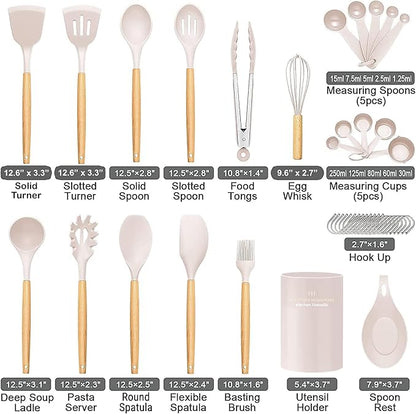 Kitchen Utensils Set, 33 pcs Non-Stick Silicone Cooking Utensils Set, Heat-Resistant Silicone, Wooden Utensils for Cooking, Kitchen Gadgets Spatula Set, Apartment Essentials Kitchen Set (Khaki)