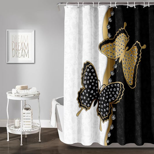 AILONEN Butterfly Shower Curtain for Bathroom Black and White Floral Printed Butterfly Bath Curtain 60" W*72" H Polyester Fabric Waterproof Bathroom Curtain with 12 Hooks