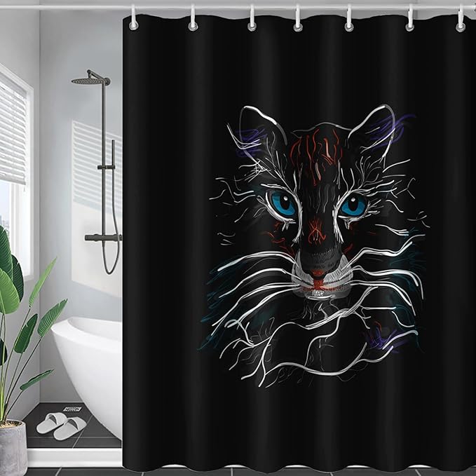 AILONEN Cat Shower Curtain for Kids Teens,Colorful Line Cat Bath Curtain for Bathroom,Animal Polyester Waterproof with 12 Plastic Hooks 72" W*84" H