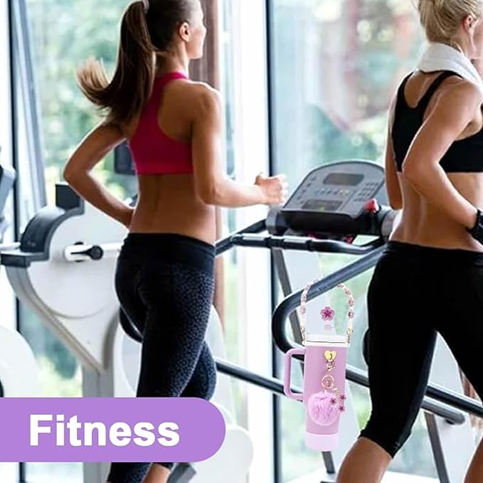 7PCS Water Bottle Cup Accessories Set for Stanley Cup 40oz & 30oz Tumbler, Including Water Bottle Handle Strap, Silicone Cup Boot, Silicone Straw Cover, Keychain Charms (Pink)