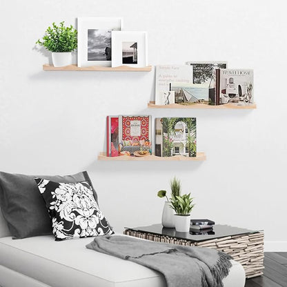 AZSKY Nursery Book Shelves for Kids, Picture Ledge Shelf for Wall Decor and Storage, Floating Photo Shelves with Lip for Picture Frames (Natural Wood, 23.6 Inches Set 3)