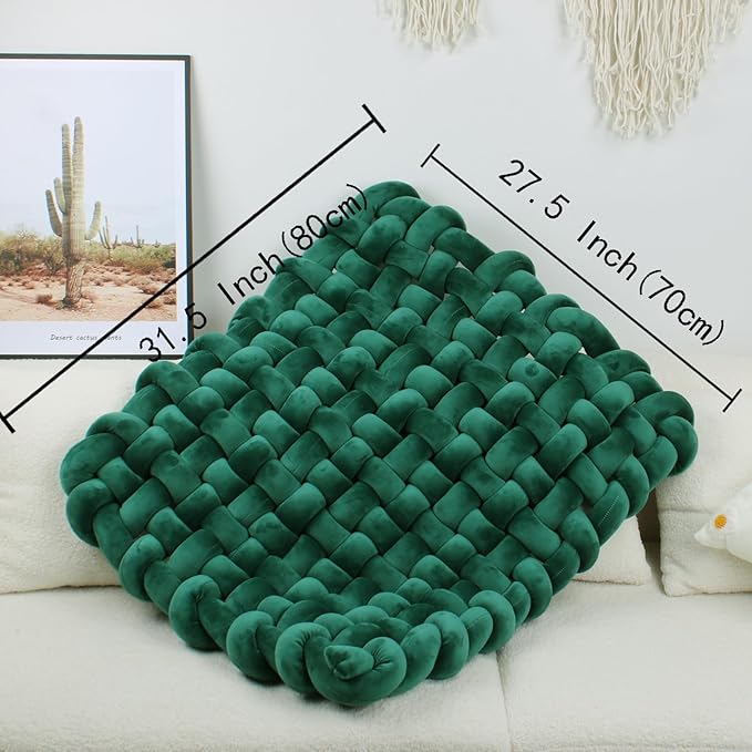 XHJRI Thickened Braided Knot Seat Mat, Knotted Floor Decorative Cushion, Handmade Baby Infant Playing Pad Nursery Rug (27.5 * 31.5 Inch,Dark Green)