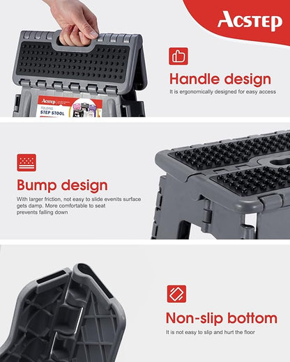 ACSTEP 13" Folding Step Stool- Holds up to 300Lb,The Lightweight Non-Slip Upgrade Collapsible Stepping Stool is Sturdy Enough to Support Adults and Safe Enough for Kids(Grey,1 Pack)