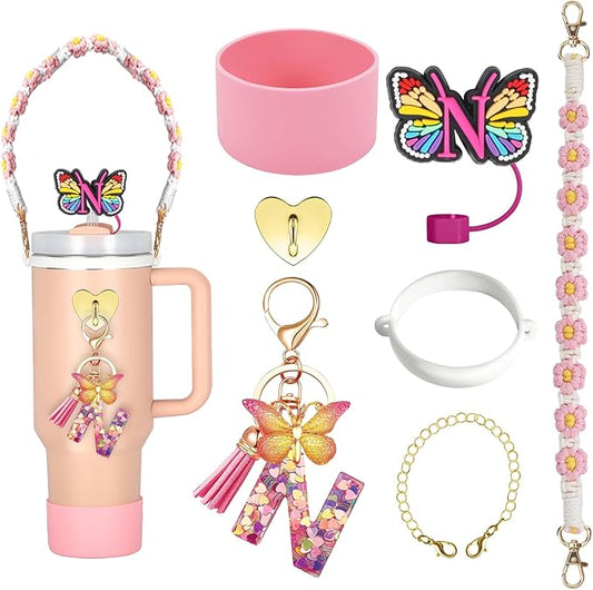 SPORCLO Stanley Cup Accessories Include Silicone Stanley Straw Cover, Butterfly Letter Keychain Charms, Water Bottle Handle Strap, Boot and Chain for Stanley Cup 30oz 40oz Tumbler