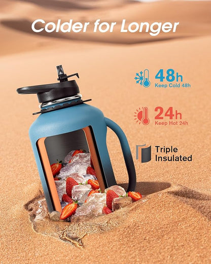 64 oz Water Bottle Insulated with Handle, Coolflask Half Gallon Water Jug With Strap Straw Stainless Steel Double-Walled Vacuum Metal Large Flask Leakproof, Keep Cold 48 Hrs Hot 24hrs, Prussian Blue