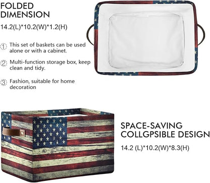 Retro American Flag Storage Basket Collapsible Storage Box with Leather Handles Rectangular Laundry Organizer 1 PC for Bathroom Clothes Kids Toys Nursery