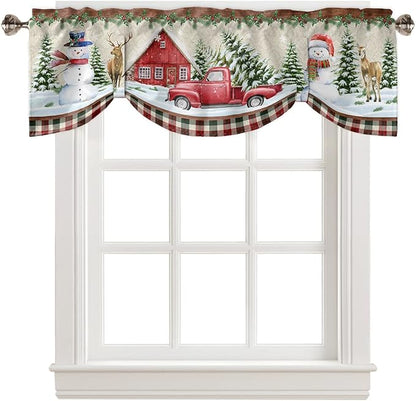 Christmas Farmhouse Blackout Tie Up Valance Curtains for Kitchen Windows Snowman Farm Red Truck Window Toppers Balloon Shades for Living Room/Bathroom/Bedroom,1 Panel,42" X 18" Winter Holiday