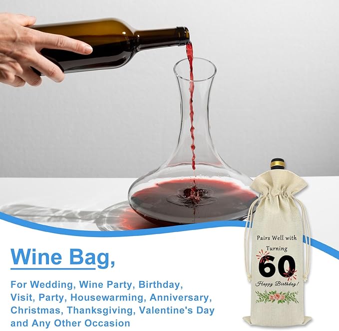60th Birthday Gift for Women Men Happy 60th Birthday Decorations Wine Bag 60 Years Old Birthday Gift Ideas for Friends Dad Mom Husband Wife Pairs Well with Turning 60 Sixty Birthday Wine Bottle Bag