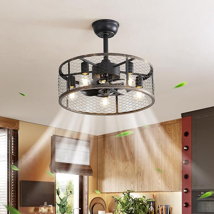 20" Caged Ceiling Fans with Lights and Remote & APP Control,E26 2700K Warm Lighting,6 Wind Speeds with Reverse Mode.Retro Chandeliers for Dining Room with Fan (Black)