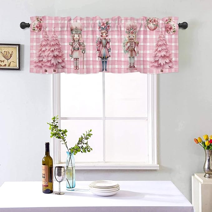 Pink Plaid Nutcrackers Christmas Window Valance for Kitchen Living Room, Pink Christmas Nutcrackers Window Curtain for Bedroom Bathroom, Pink Window Valance Rod Pocket Window Treatment, 54" W x 18" L